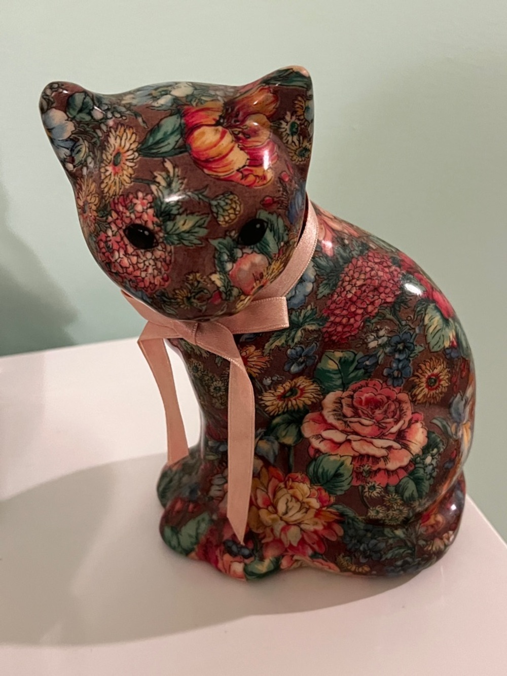 Floral Vintage Decoupage Ceramic Cat Figurine with Gold Ribbon